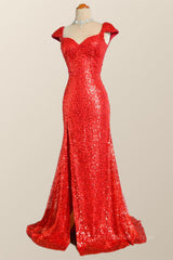 Formal Dresses Shops, Cap Sleeves Red Sequin Mermaid Long Prom Dress