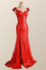 Formal Dress Shop, Cap Sleeves Red Sequin Mermaid Long Prom Dress