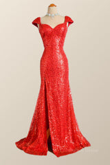 Formal Dress Shops, Cap Sleeves Red Sequin Mermaid Long Prom Dress