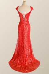 Formal Dresses Shop, Cap Sleeves Red Sequin Mermaid Long Prom Dress