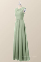 Bridesmaid Dresses Emerald Green, Cap Sleeves Sage Green Chiffon A-line Bridesmaid Dress