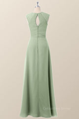 Bridesmaid Dress Dark Green, Cap Sleeves Sage Green Chiffon A-line Bridesmaid Dress