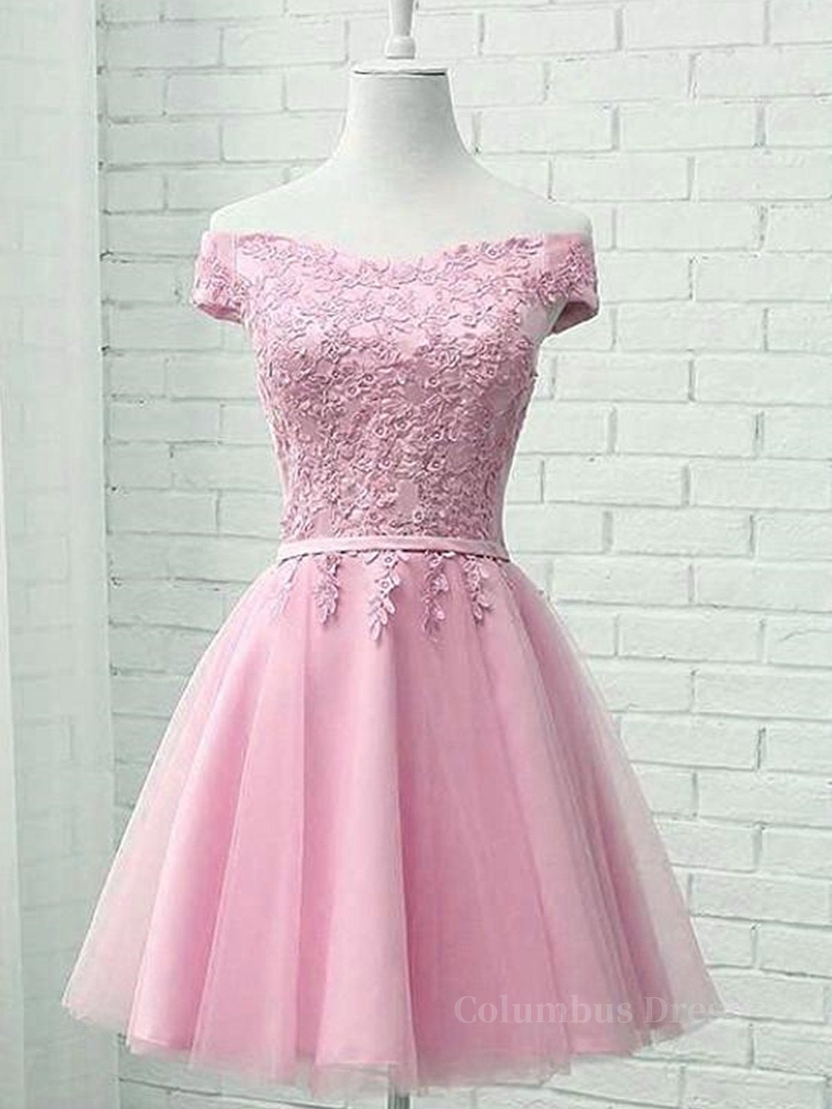 Party Dress Outfit, Cap Sleeves Short Pink Lace Prom Dresses, Short Pink Lace Formal Bridesmaid Dresses