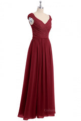 Bridesmaid, Cap Sleeves Wine Red Lace and Chiffon Long Bridesmaid Dress