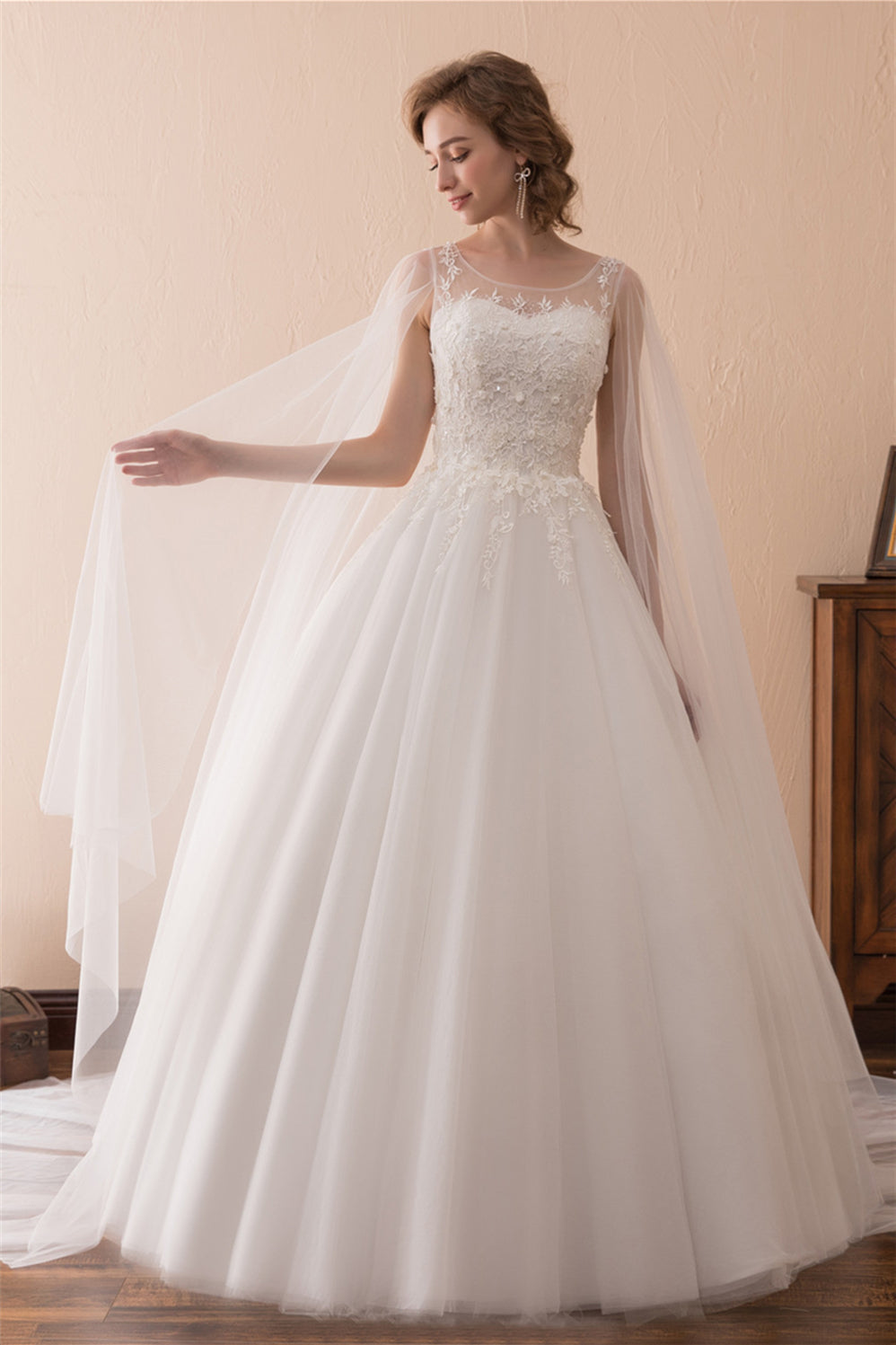 Wedding Dress Cheaper, Cape Cloak Tulle Appliques White Wedding Dresses