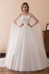 Wedding Dress Cheap, Cape Cloak Tulle Appliques White Wedding Dresses
