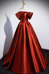 Red Dress, Caramel Floor Length Satin Formal Dress, Cute Off Shoulder A-line Evening Dress