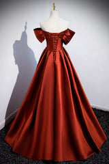 Hoco Dress, Caramel Floor Length Satin Formal Dress, Cute Off Shoulder A-line Evening Dress