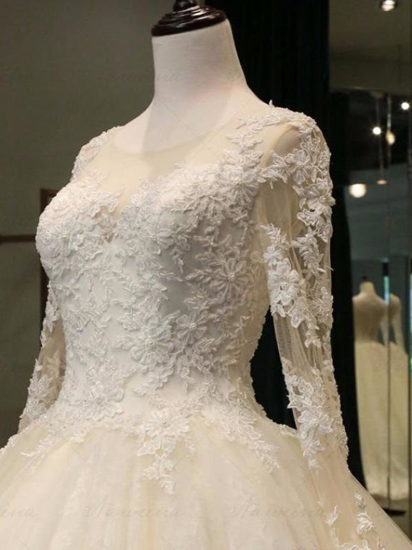 Wedding Dresses Idea, Cathedral Train Appliques Long Sleeve A-line Wedding Dresses