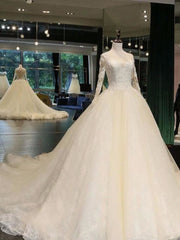 Wedsing Dress Styles, Cathedral Train Appliques Long Sleeve A-line Wedding Dresses