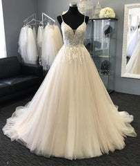Homecoming Dresses Beautiful, Light Champagne Tulle Lace Long Prom Dress, Champagne Evening Dress