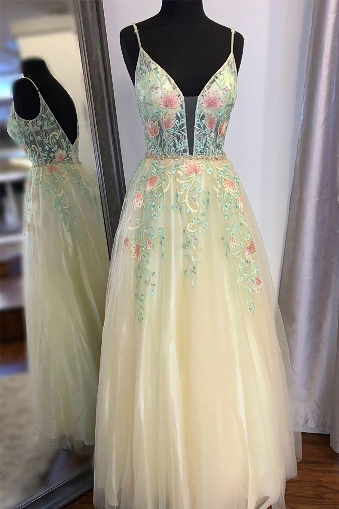Homecoming Dress Short, Gorgeous Straps A Line Floral Embroidered Long Prom Formal Dress