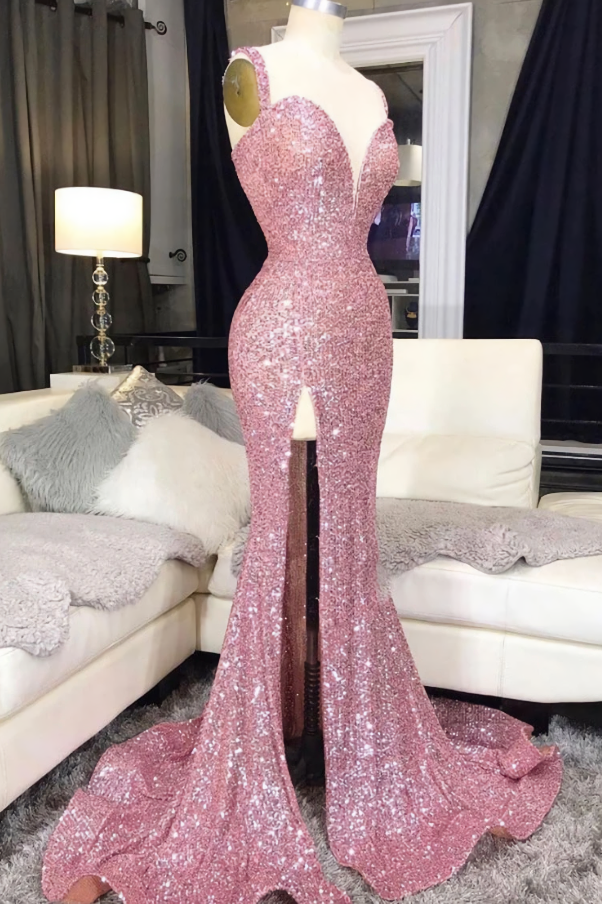 Homecoming Dress Ideas, Pink Sweetheart Sequin Mermaid Long Prom Dress, Pink Evening Dress
