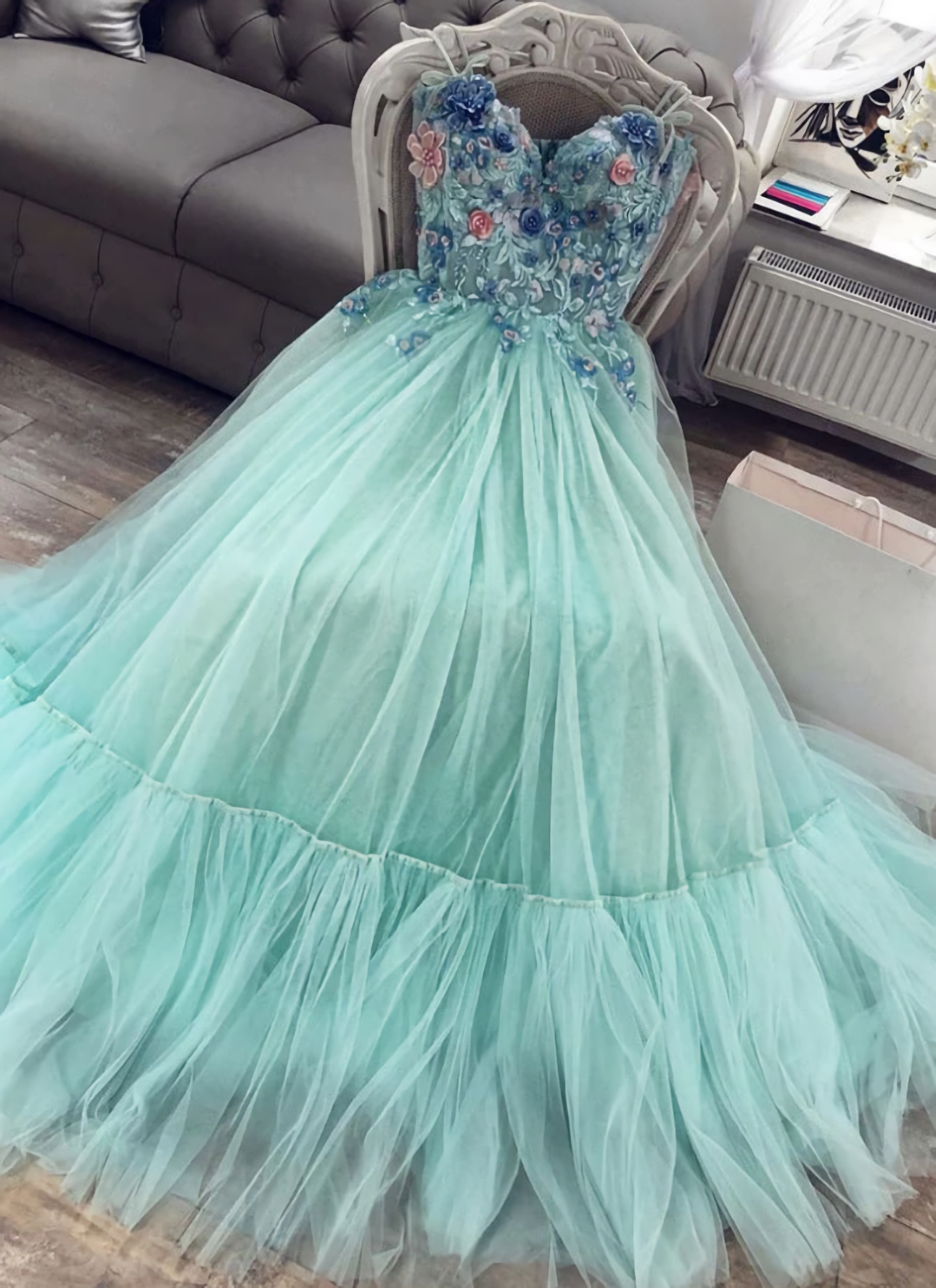 Homecoming Dresses Idea, Green Sweetheart Tulle Lace Long Prom Dress, Green Evening Dress