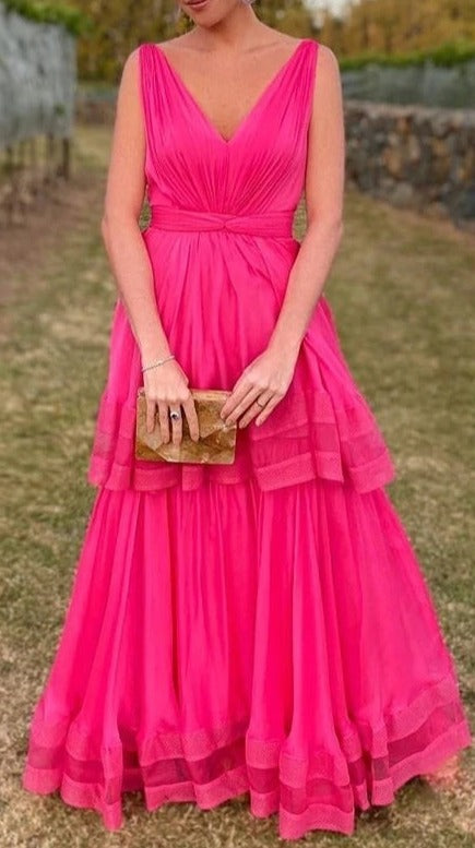Bridesmaids Dresses Blush, Hot Pink V-Neck A-Line Chiffon Two Layers Evening Dresses Long Prom Dresses