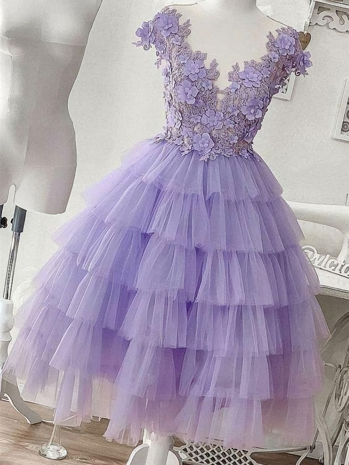 Prom Dress Designs, Purple Tulle Applique Short Homecoming Dress, Homecoming Dress