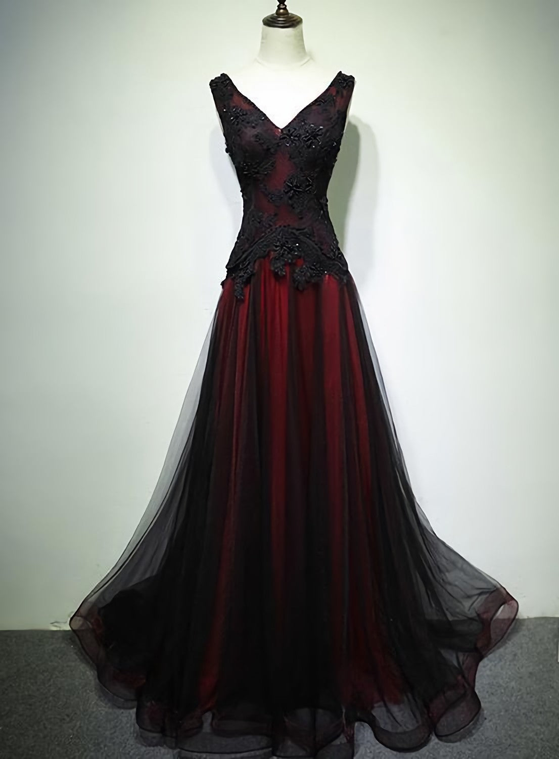 Homecoming Dress Pink, Gorgeous Black And Red V Neckline Tulle Beaded Prom Dress, Long Evening Gown