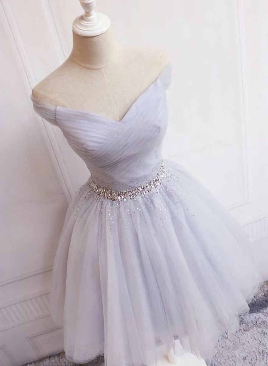 Prom Dress For Teen, Charming Sliver Grey Short Beaded Tulle Party Dress, Homecoming Dress