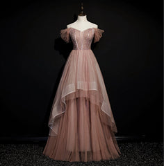 Homecoming Dress Sparkles, Dark Pink Tulle Beaded Layer Tulle Long Evening Dress, Charming Prom Dress