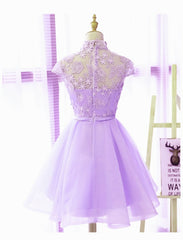 Prom Dress Shorts, Cute High Neckline Lavender Short Graduation Dress, Homecoming Dress