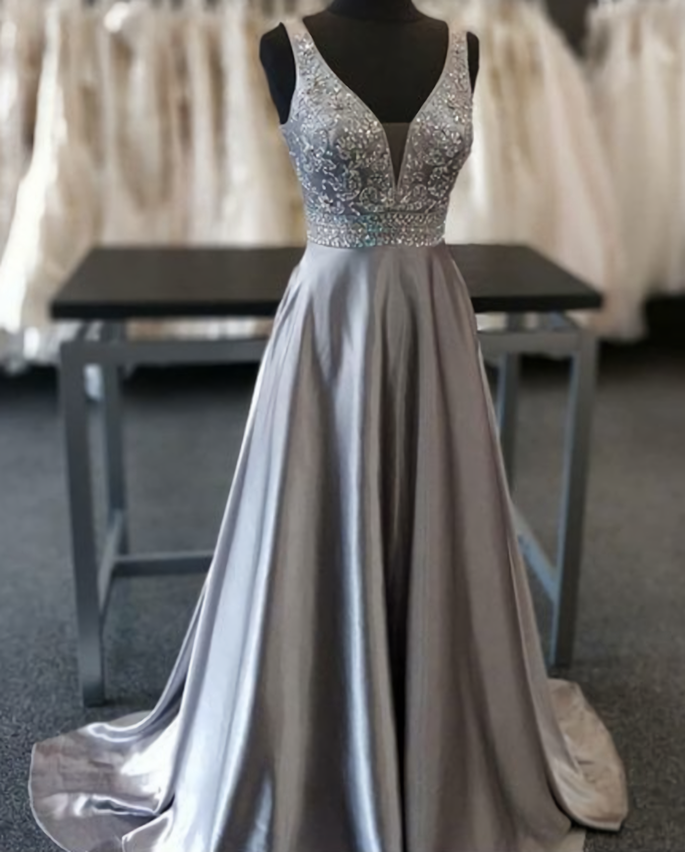 Long Dress Outfit, Beautiful Elegant Silver Grey Prom Dress, Beaded Evening Gowns V Neck Formal Dress, Special Occasion Dress