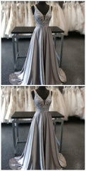 Long Formal Dress, Beautiful Elegant Silver Grey Prom Dress, Beaded Evening Gowns V Neck Formal Dress, Special Occasion Dress