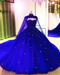 Evening Dresses Long Sleeve, Royal Blue Tulle Ball Gown Prom Dress, With Cape