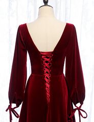 Homecomeing Dresses Black, Charming Dark Red Velvet Long Sleeves A Line Party Dress, Party Prom Dress