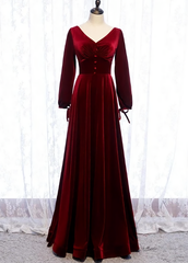 Homecoming Dress Black, Charming Dark Red Velvet Long Sleeves A Line Party Dress, Party Prom Dress