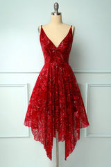 Homecoming Dress Shops Near Me, Burgundy V Neck Lace High Low Prom Dress, Lace Formal Dress