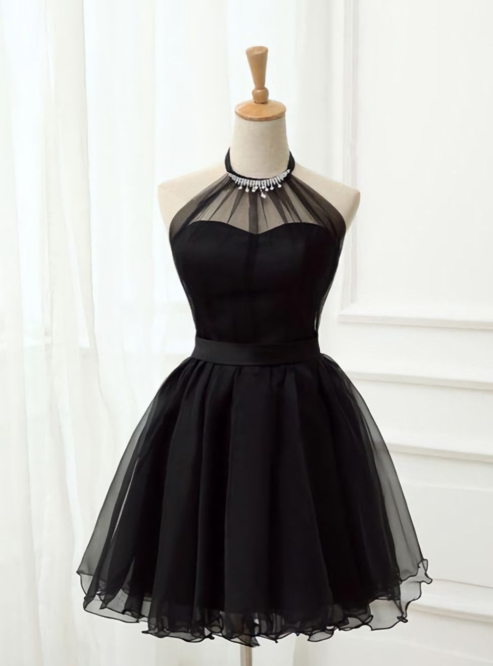 Prom Dressed Short, Sexy Black Lace Halter Long Sleeves Short Homecoming Dress