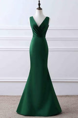Homecoming Dress With Tulle, Prom Dress, Green Matte Satin V Neck Mermaid Unique Design Evening Dress