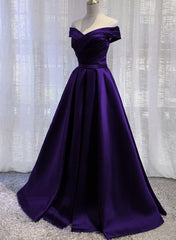 Short Formal Dress, Simple Off Shoulder Satin Long Prom Dress, Dark Purple Party Dress