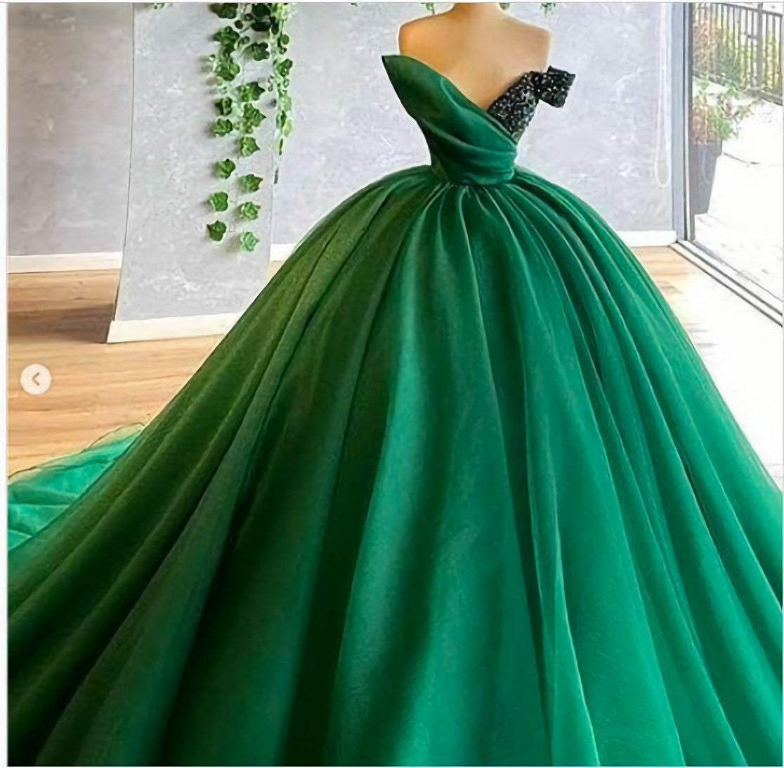 Prom Dresses Outfits, Green Prom Dresses, Ball Gown Puffy Tulle Sequins Beading Floor Length Long Arabic Long Evening Dresses, Gowns