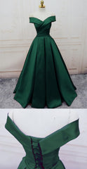 Homecoming Dresses Knee Length, Emerald Green Long Satin Evening Dresses, V Neck Off The Shoulder Prom Dresses