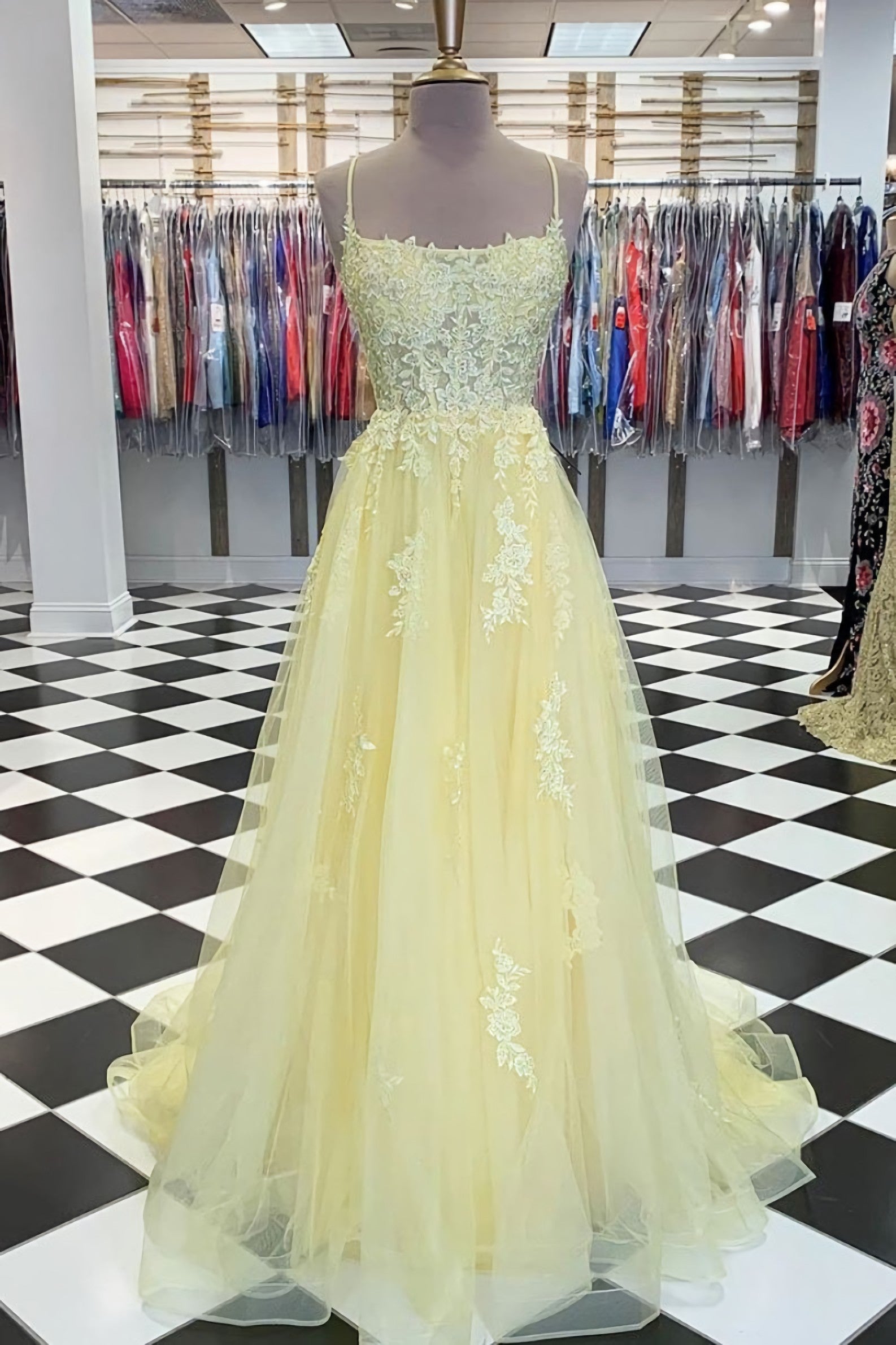 Homecoming Dresses Classy, Yellow Tulle Lace Long Prom Dress, Yellow Lace Formal Dress