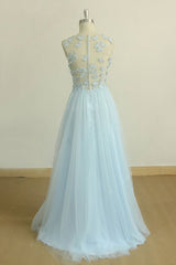 Homecoming Dress Websites, A Line Round Neck Baby Blue Lace Long Prom Dress, With Butterfly