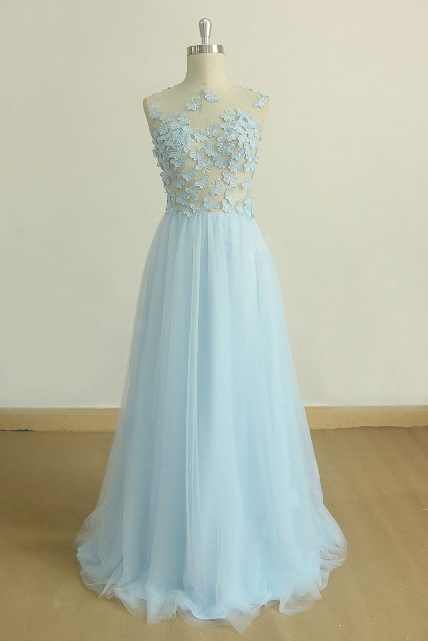 Homecoming Dress 2027, A Line Round Neck Baby Blue Lace Long Prom Dress, With Butterfly