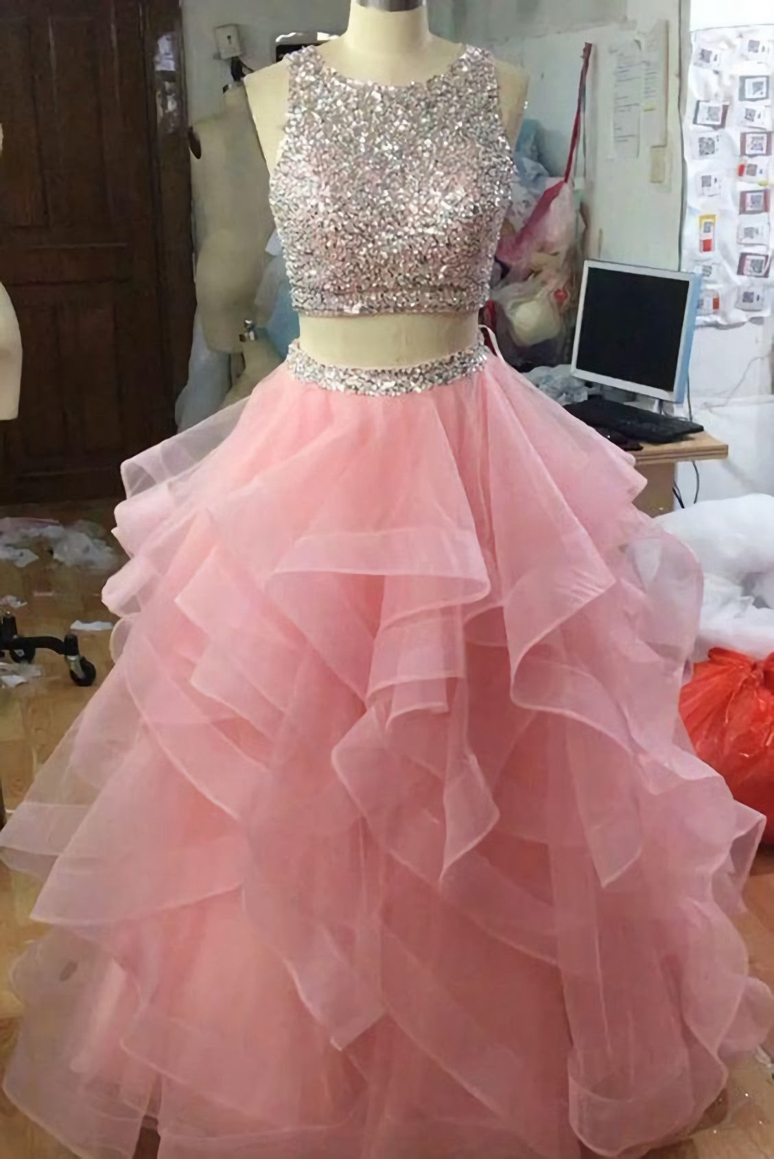 Prom Dresses Casual, Jewel Neck Pink Party Dresses, Sequins And Beaded 2 Pieces Prom Dresses, Ruffle And Tiered Tulle Affordable Evening Dresses