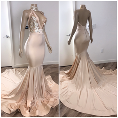 Prom Dress Outfits, Black Girl Prom Dresses, Backless Champagne Pink Prom Dresses, With Appliques