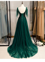Prom Dress Stores Near Me, Elegant V Neckline Straps Tulle Long Junior Prom Dress, Green Prom Dress 2024