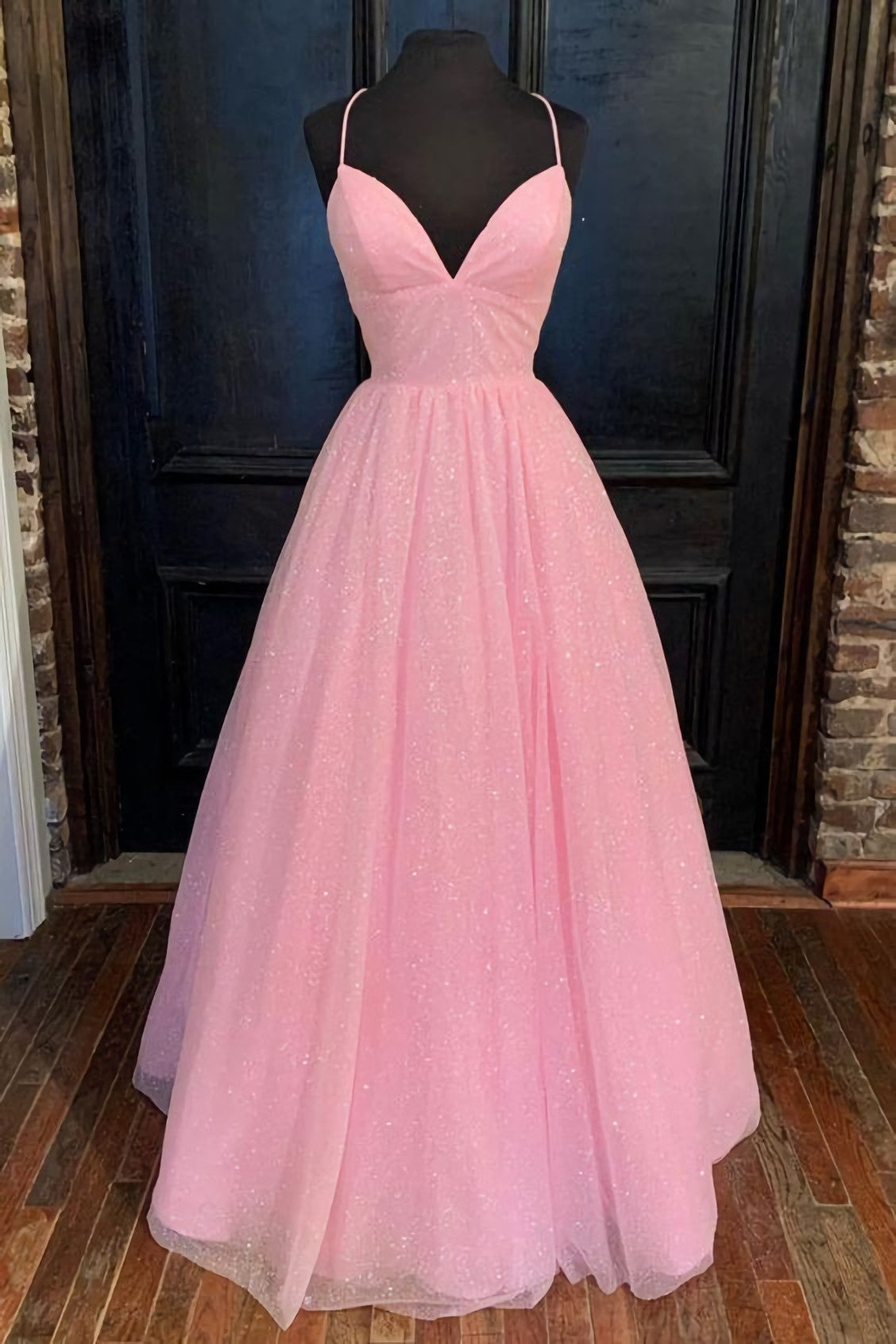 Evening Dress V Neck, Empire Pink Shiny Tulle Long Prom Dress 2024