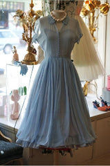 Prom Dresses Fitting, Light Dresses, Chiffon Elegant A Line Doll Collar Short Sleeves Homecoming Blue Chiffon Vintage Style Dress