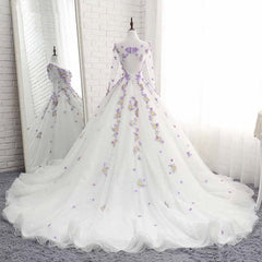 Homecoming Dress Modest, White Tulle Ruffles Long 3D Flower Lace Applique Prom Dress, Quinceanera Dress, With Sleeve
