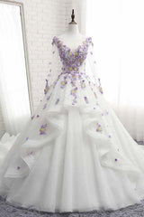 Homecoming Dresses Modest, White Tulle Ruffles Long 3D Flower Lace Applique Prom Dress, Quinceanera Dress, With Sleeve