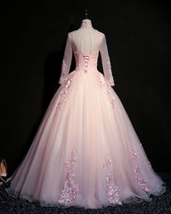 Homecoming Dresses Pink, Pink Tulle Beaded Long Lace Applique Formal Prom Dress, Evening Dress, With Sleeve