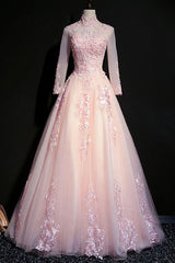 Homecomming Dresses Black, Pink Tulle Beaded Long Lace Applique Formal Prom Dress, Evening Dress, With Sleeve