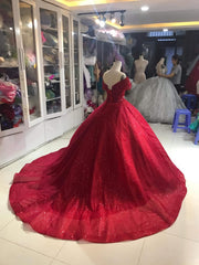 Prom Dress Long, Off Shoulder Dress, Off Shoulder Red Dress, Red Glitter Fabric Red Ballgown Dress, Prom Dress