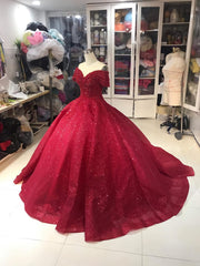 Prom Dresses 2029, Off Shoulder Dress, Off Shoulder Red Dress, Red Glitter Fabric Red Ballgown Dress, Prom Dress