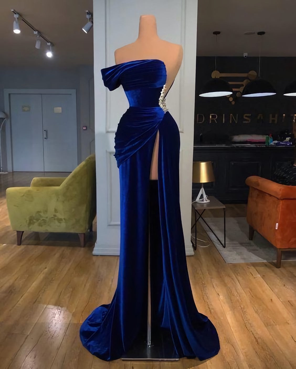 Long Dress Design, One Shoulder Royal Blue Velvet Evening Prom Dress, With Slit
